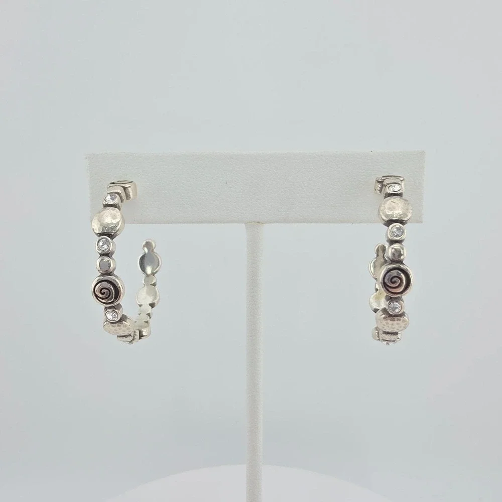 BRIGHTON Hoop Earrings Pebble Spiral Swirling Crystals Hammered Silver Plate